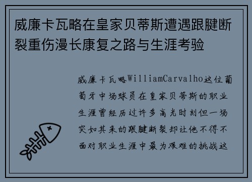 威廉卡瓦略在皇家贝蒂斯遭遇跟腱断裂重伤漫长康复之路与生涯考验 威廉卡瓦略在皇家贝蒂斯遭遇跟腱断裂重伤漫长康复之路与生涯考验