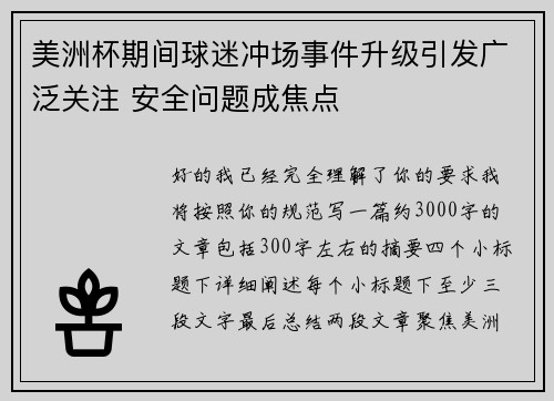 美洲杯期间球迷冲场事件升级引发广泛关注 安全问题成焦点 美洲杯期间球迷冲场事件升级引发广泛关注 安全问题成焦点